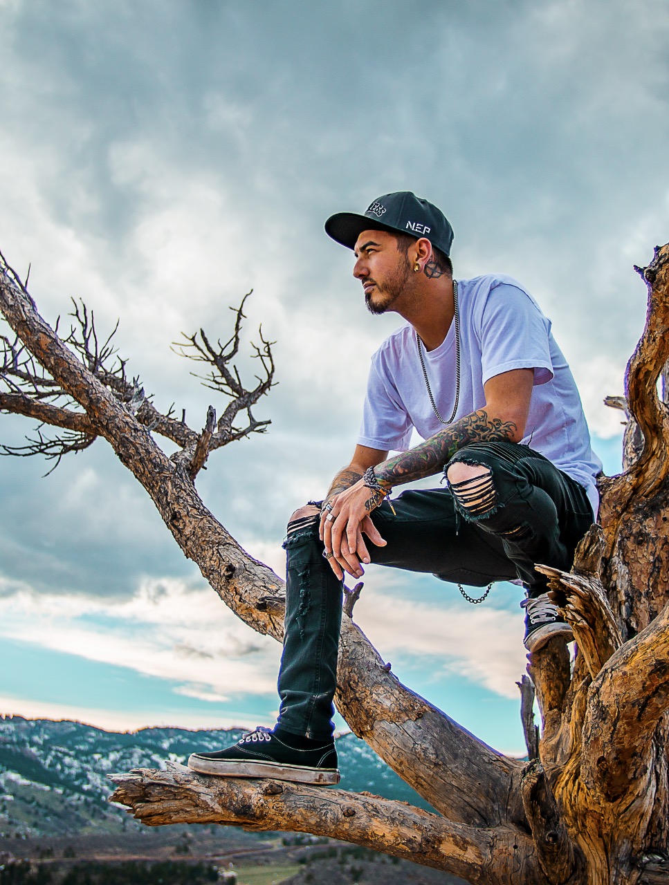 Josh Butcher sitting on a weathered tree at altitude, looking out over the mountains.